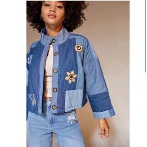 Kimchi Blue urban outfitters Denim Patchwork Puffer Jacket Crop XS/S